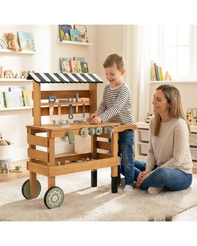 2-in-1 Kids Rolling Cart with Play Tools Set for Construction Play-Brown - Brown - Play Kitchen Sets