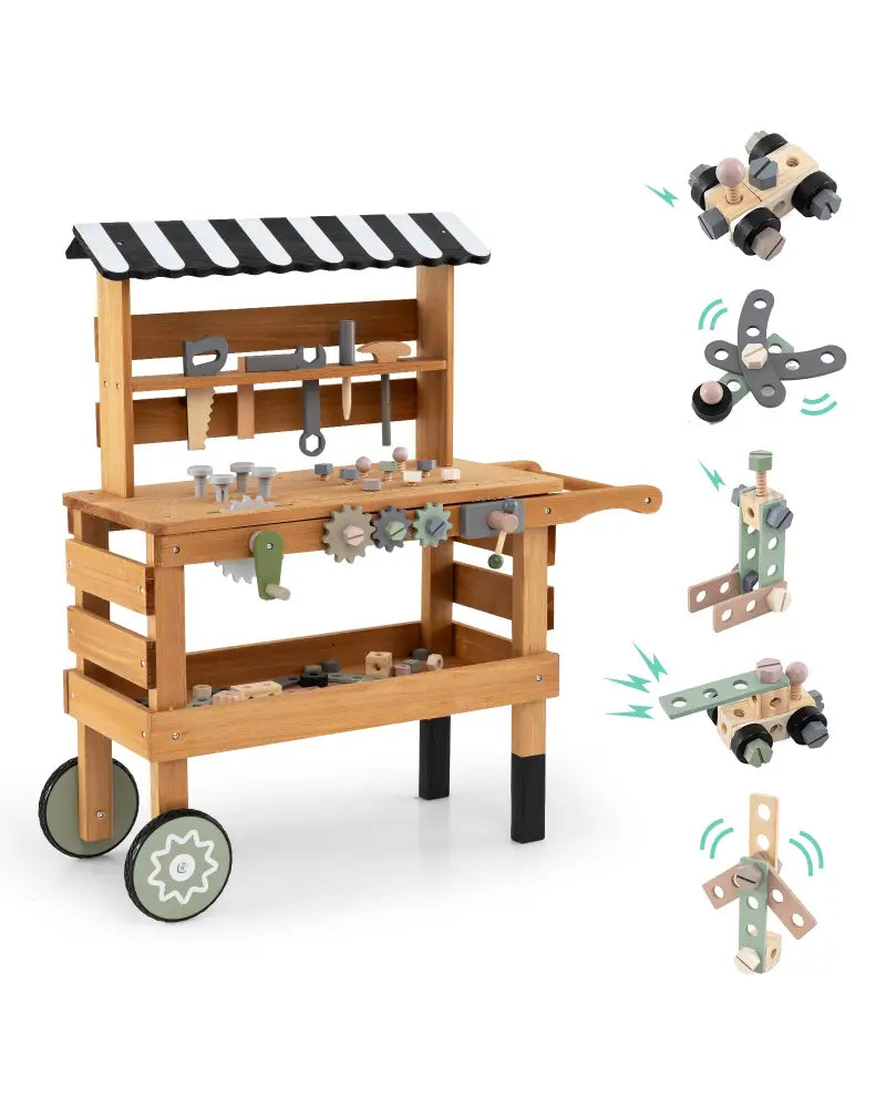 2-in-1 Kids Rolling Cart with Play Tools Set for Construction Play-Brown - Brown - Play Kitchen Sets