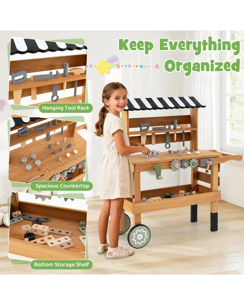 2-in-1 Kids Rolling Cart with Play Tools Set for Construction Play-Brown - Brown - Play Kitchen Sets