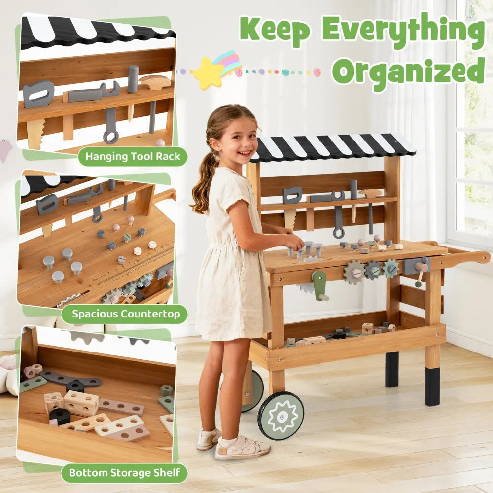 2-in-1 Kids Rolling Cart with Play Tools Set for Construction Play-Brown - Brown - Play Kitchen Sets
