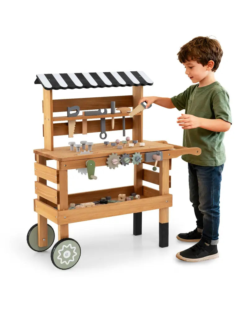 2-in-1 Kids Rolling Cart with Play Tools Set for Construction Play-Brown - Brown - Play Kitchen Sets