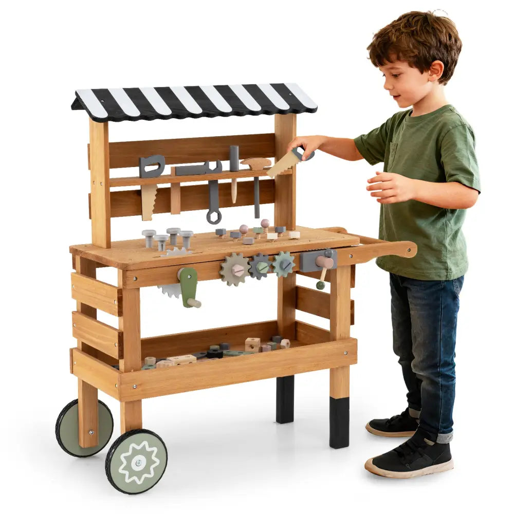 2-in-1 Kids Rolling Cart with Play Tools Set for Construction Play-Brown - Brown - Play Kitchen Sets