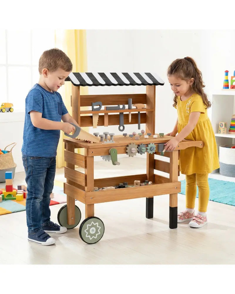 2-in-1 Kids Rolling Cart with Play Tools Set for Construction Play-Brown - Brown - Play Kitchen Sets