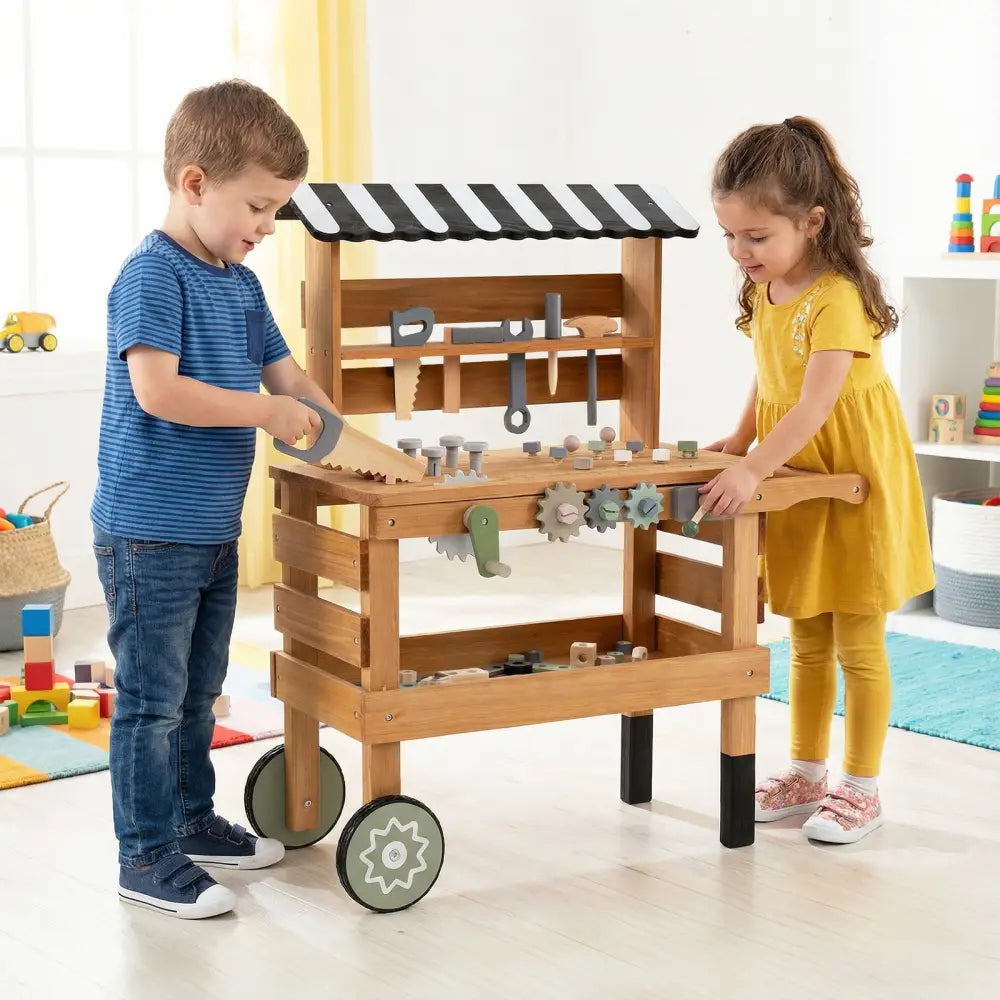 2-in-1 Kids Rolling Cart with Play Tools Set for Construction Play-Brown - Brown - Play Kitchen Sets