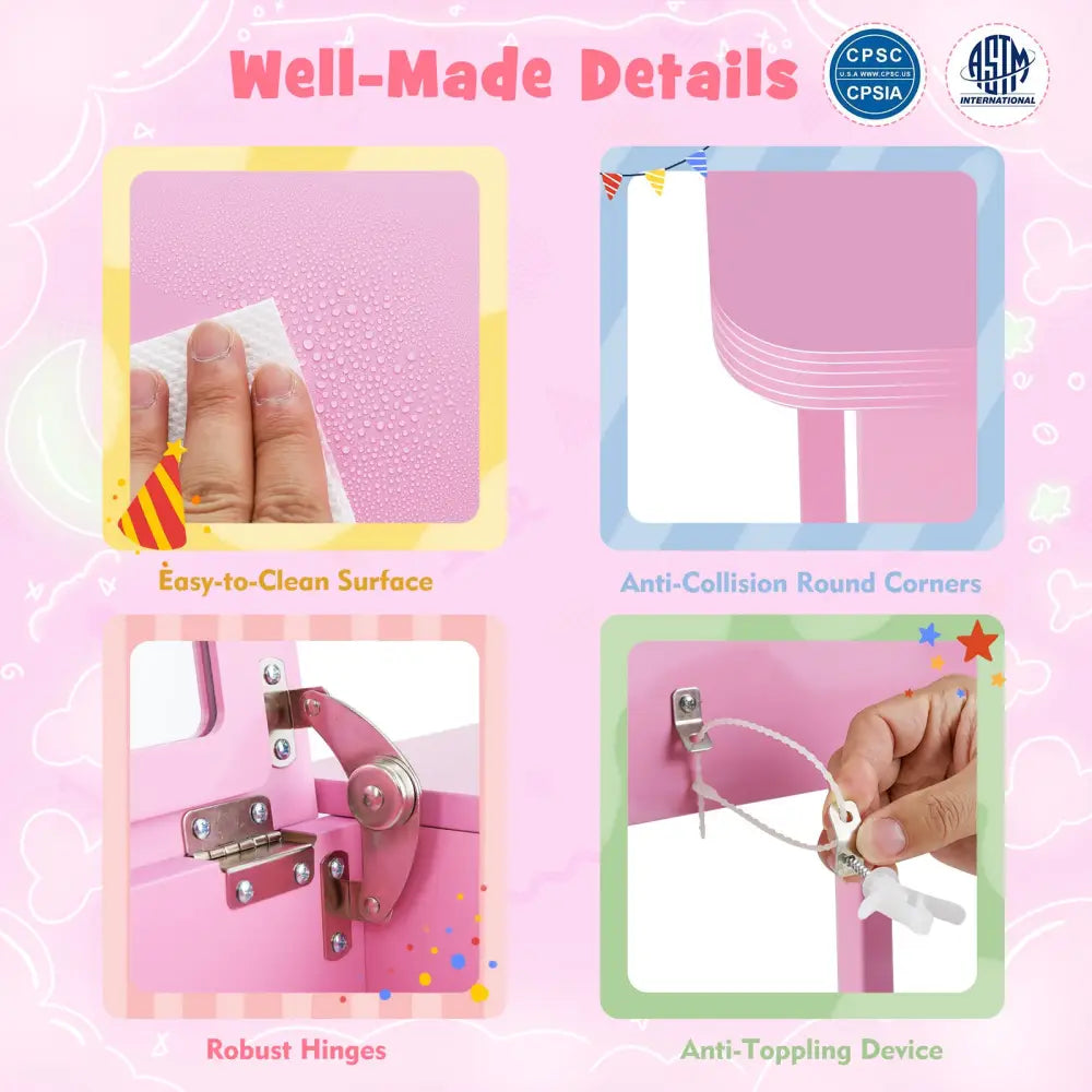 2-in-1 Kids Vanity Makeup Table and Chair Set with Flip Top Mirror-Pink - Pink - Kids Vanities