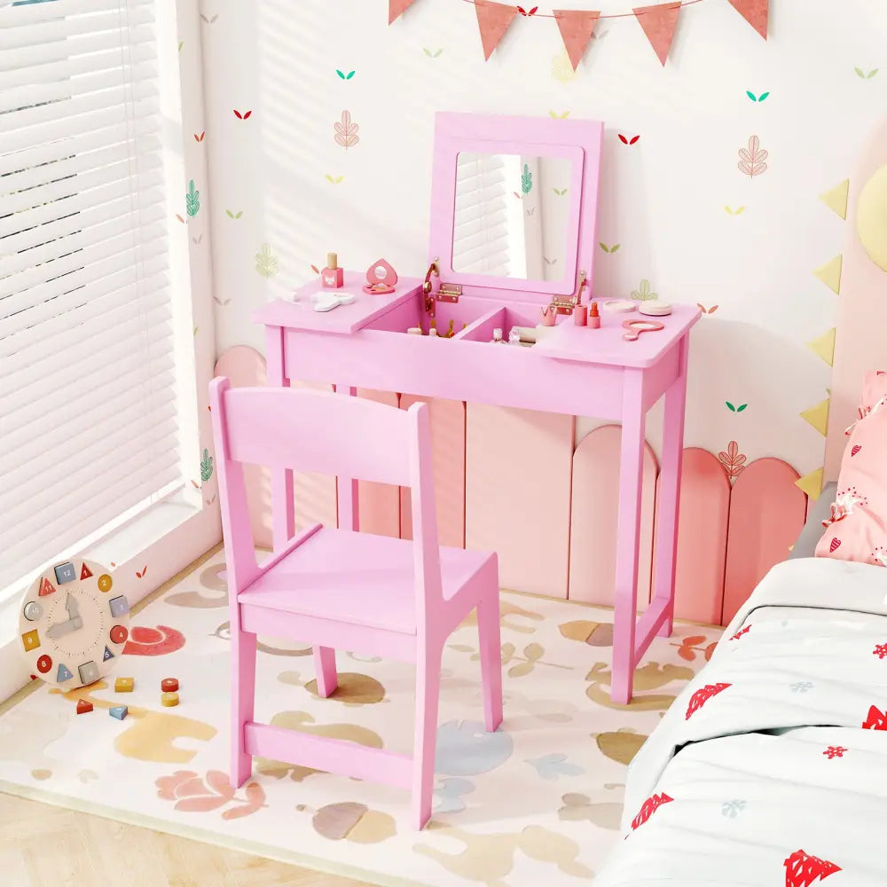 2-in-1 Kids Vanity Makeup Table and Chair Set with Flip Top Mirror-Pink - Pink - Kids Vanities