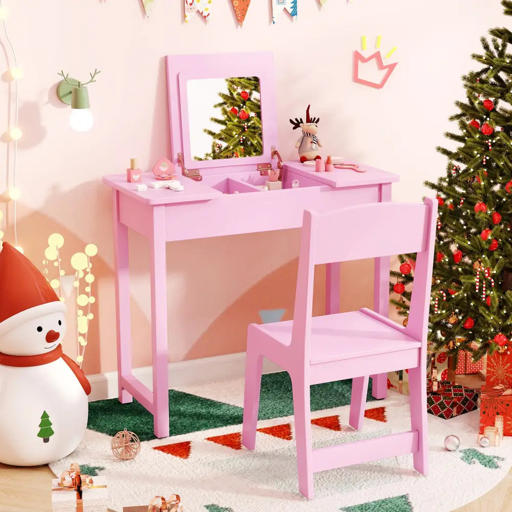 2-in-1 Kids Vanity Makeup Table and Chair Set with Flip Top Mirror-Pink - Pink - Kids Vanities