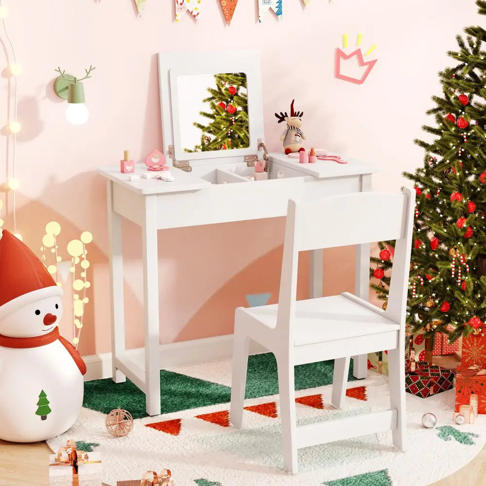 2-in-1 Kids Vanity Makeup Table and Chair Set with Flip Top Mirror-White - White - Kids Vanities