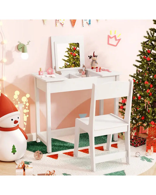 2-in-1 Kids Vanity Makeup Table and Chair Set with Flip Top Mirror-White - White - Kids Vanities