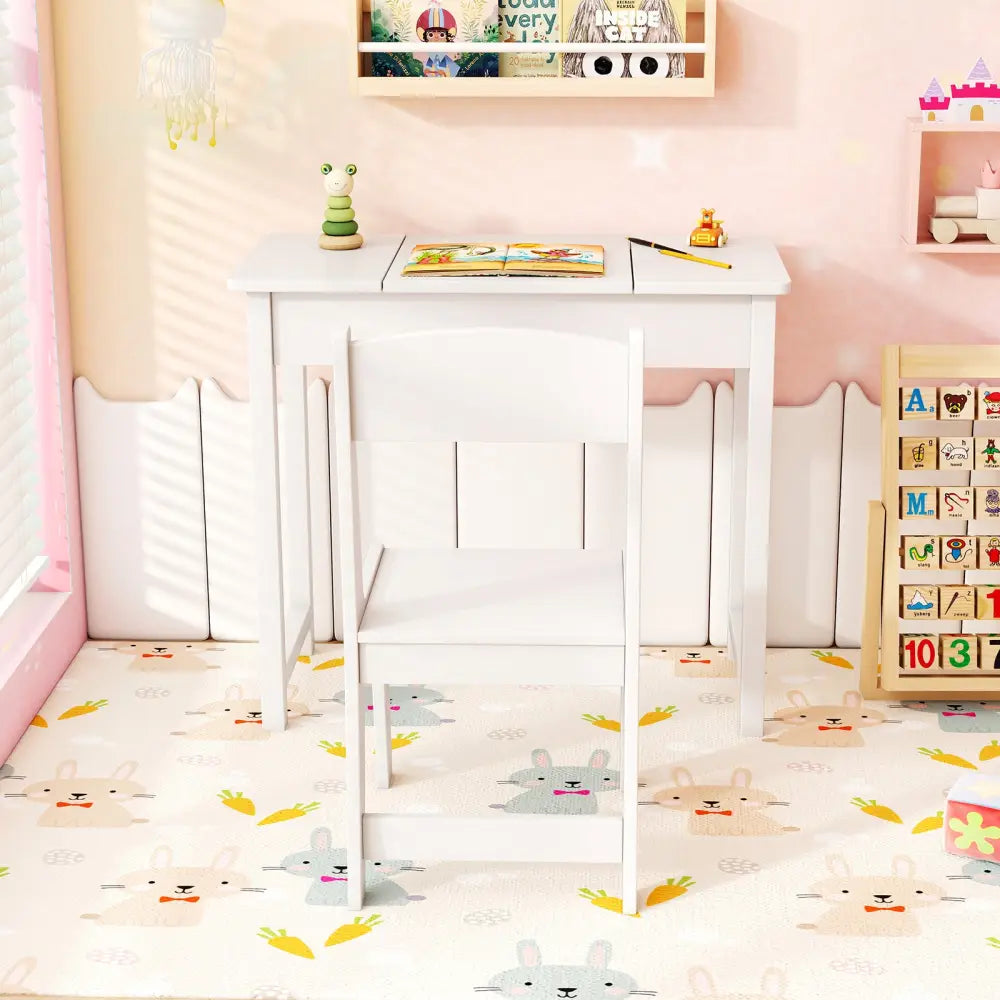 2-in-1 Kids Vanity Makeup Table and Chair Set with Flip Top Mirror-White - White - Kids Vanities