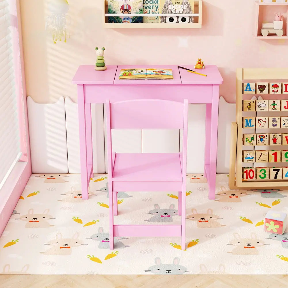 2-in-1 Kids Vanity Makeup Table and Chair Set with Flip Top Mirror-Pink - Pink - Kids Vanities