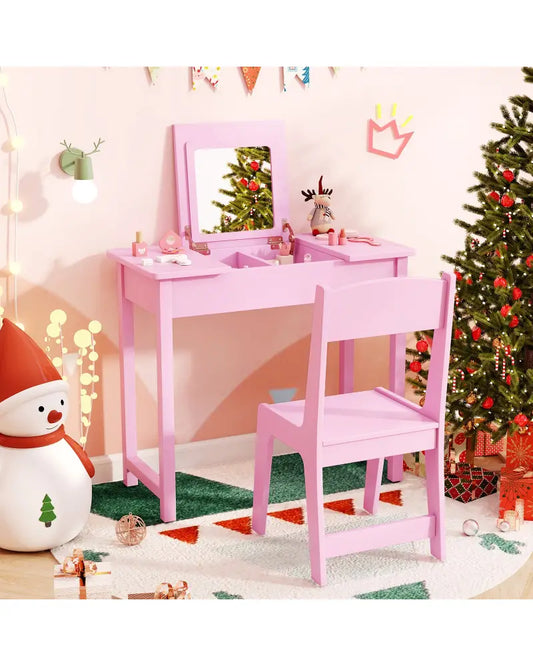 2-in-1 Kids Vanity Makeup Table and Chair Set with Flip Top Mirror-Pink - Pink - Kids Vanities