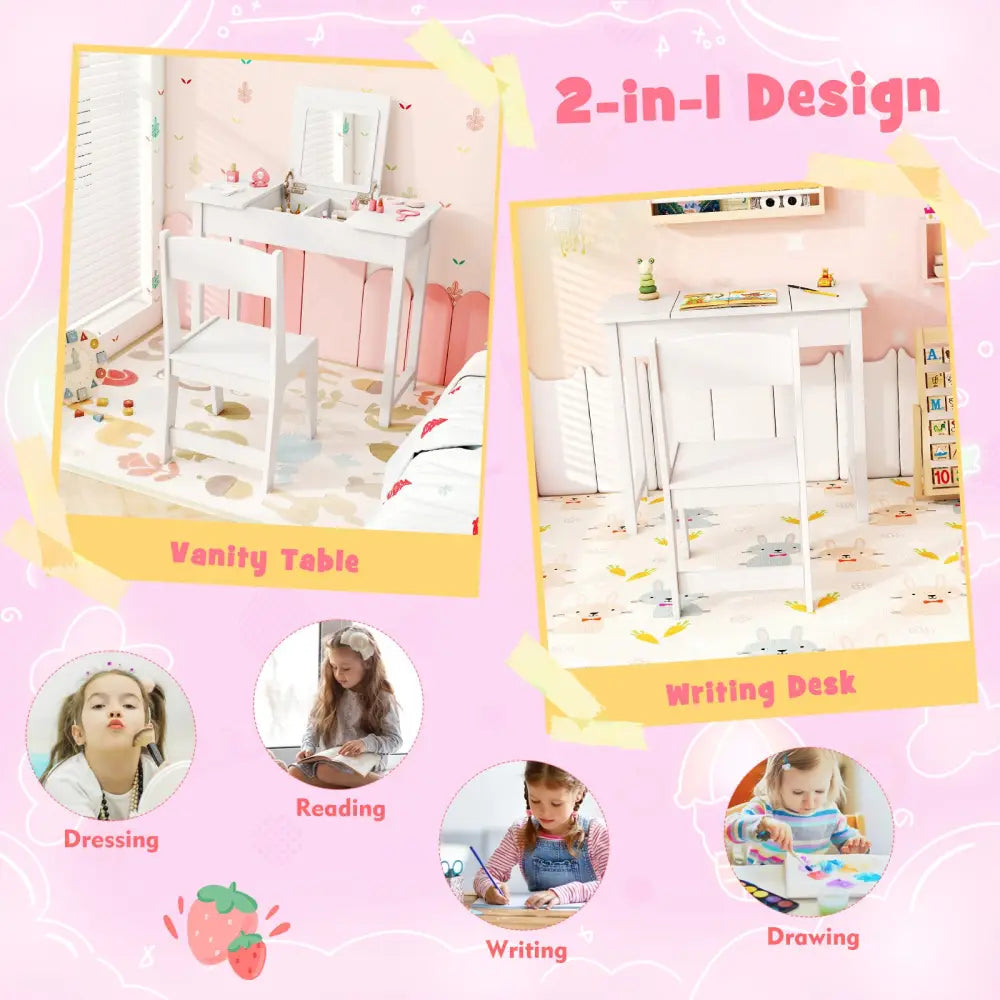 2-in-1 Kids Vanity Makeup Table and Chair Set with Flip Top Mirror-White - White - Kids Vanities