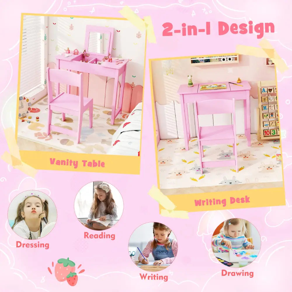 2-in-1 Kids Vanity Makeup Table and Chair Set with Flip Top Mirror-Pink - Pink - Kids Vanities