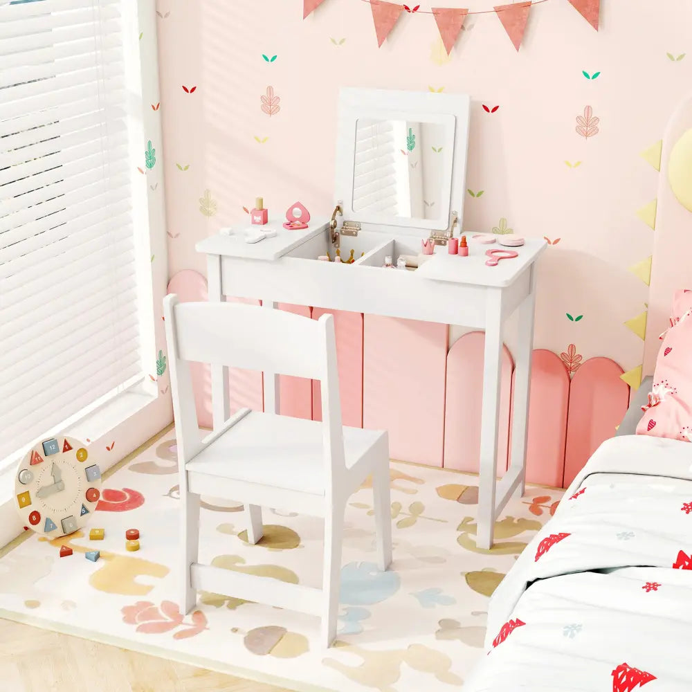 2-in-1 Kids Vanity Makeup Table and Chair Set with Flip Top Mirror-White - White - Kids Vanities