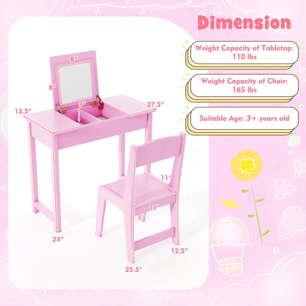 2-in-1 Kids Vanity Makeup Table and Chair Set with Flip Top Mirror-Pink - Pink - Kids Vanities