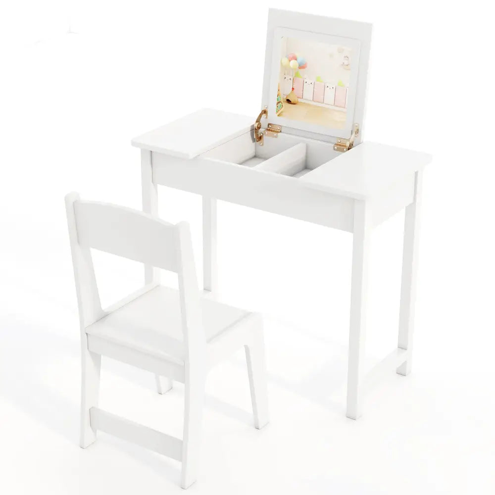 2-in-1 Kids Vanity Makeup Table and Chair Set with Flip Top Mirror-White - White - Kids Vanities