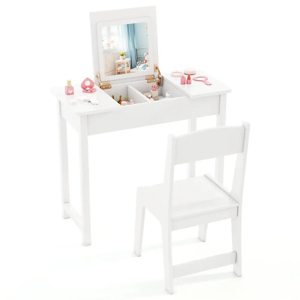 2-in-1 Kids Vanity Makeup Table and Chair Set with Flip Top Mirror-White - White - Kids Vanities