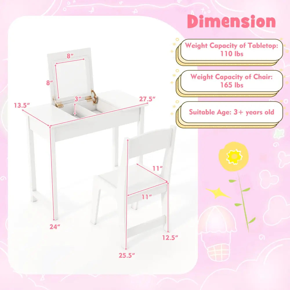 2-in-1 Kids Vanity Makeup Table and Chair Set with Flip Top Mirror-White - White - Kids Vanities