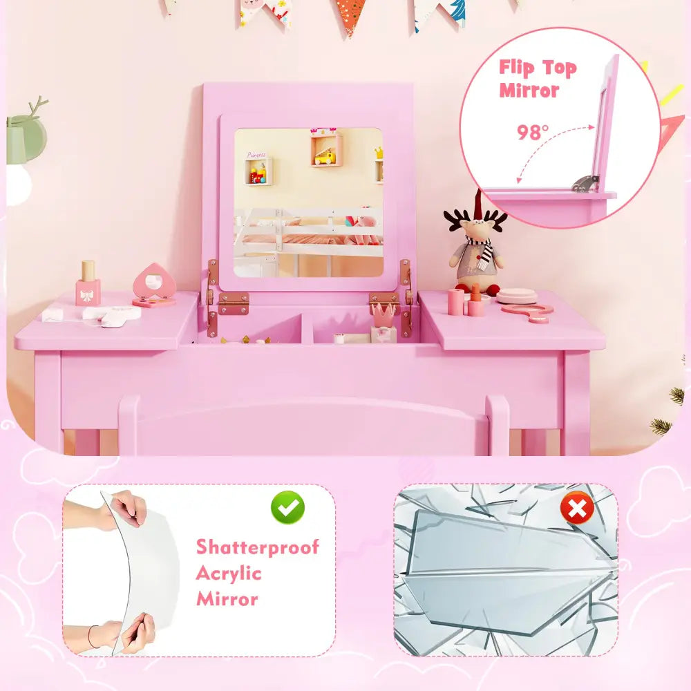 2-in-1 Kids Vanity Makeup Table and Chair Set with Flip Top Mirror-Pink - Pink - Kids Vanities