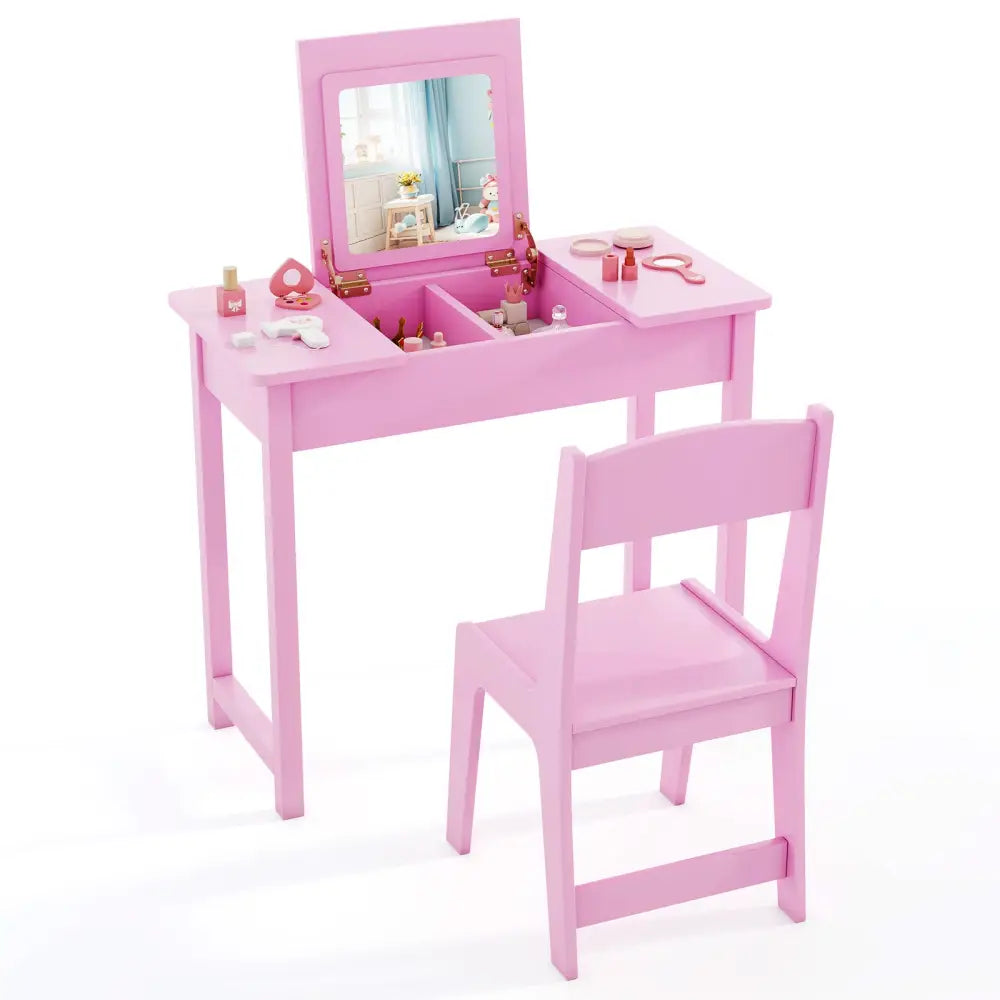 2-in-1 Kids Vanity Makeup Table and Chair Set with Flip Top Mirror-Pink - Pink - Kids Vanities