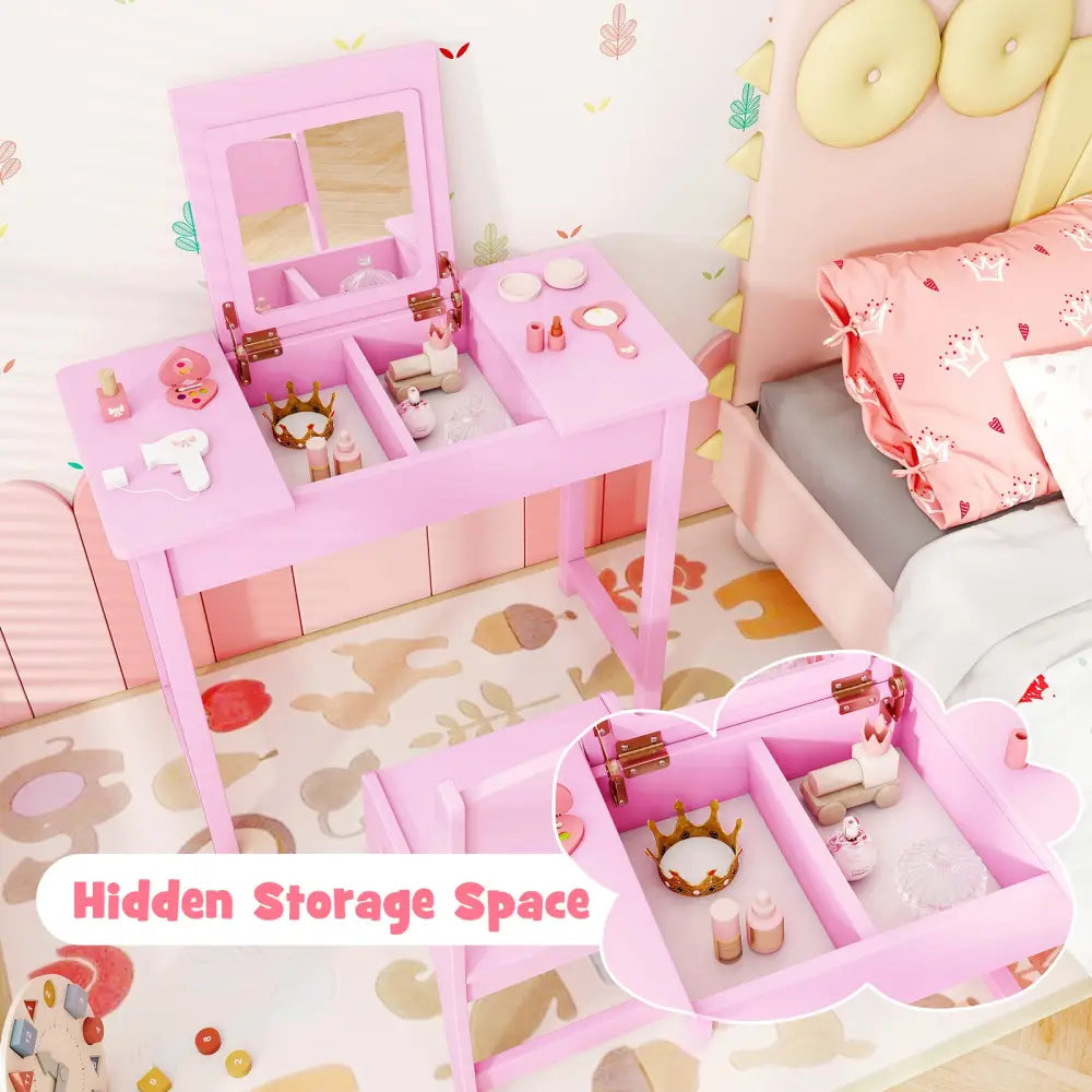 2-in-1 Kids Vanity Makeup Table and Chair Set with Flip Top Mirror-Pink - Pink - Kids Vanities