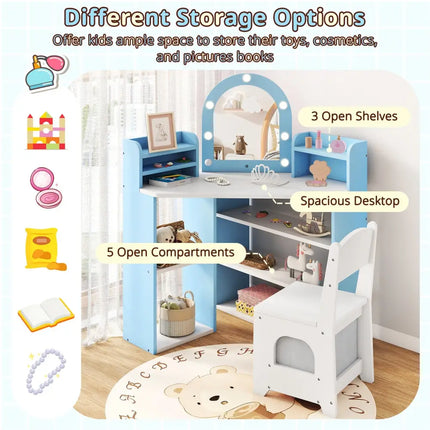 2-In-1 Kids Vanity Set with Lights for Toddlers 3+ Years Old-White - White - Kids Vanities