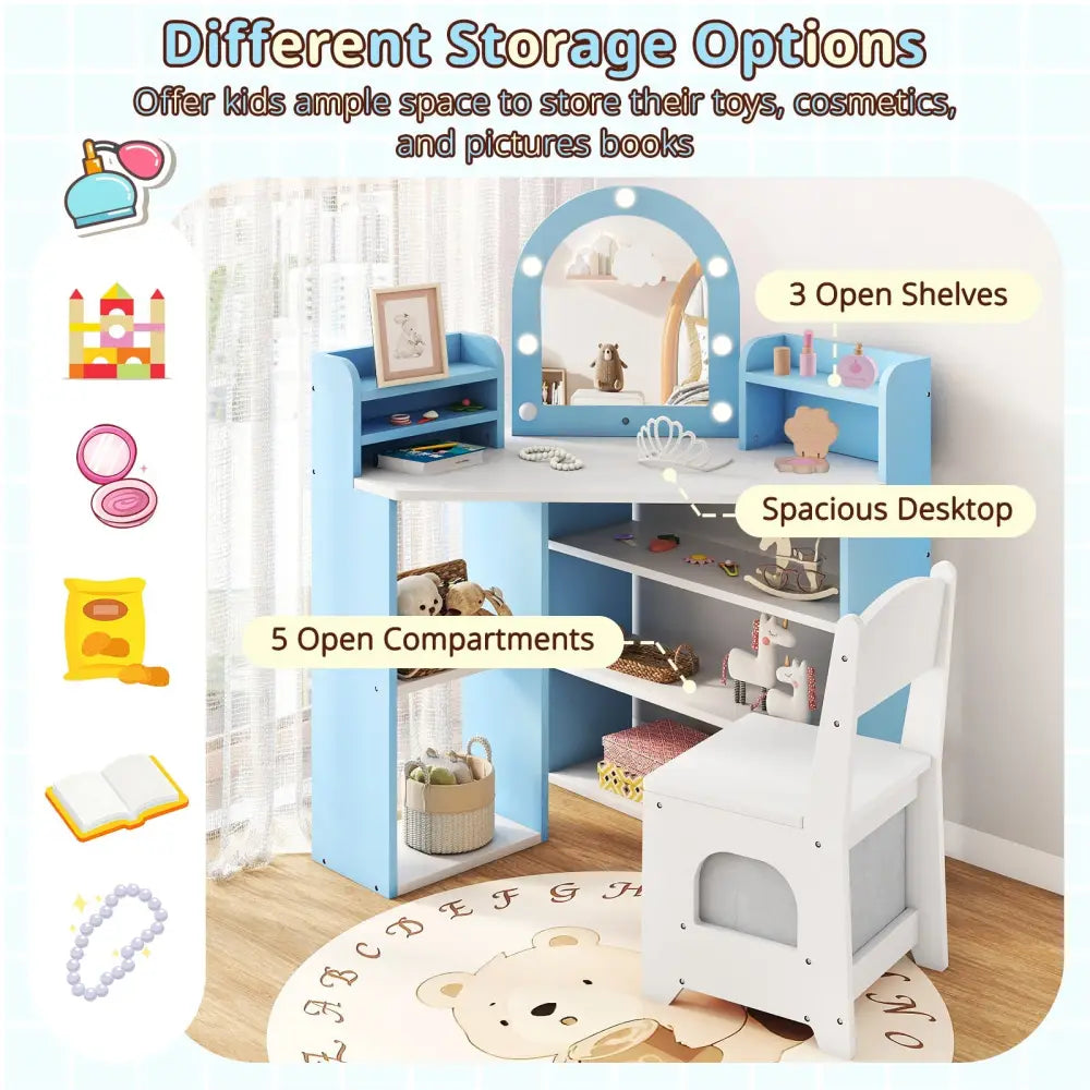 2-In-1 Kids Vanity Set with Lights for Toddlers 3+ Years Old-White - White - Kids Vanities