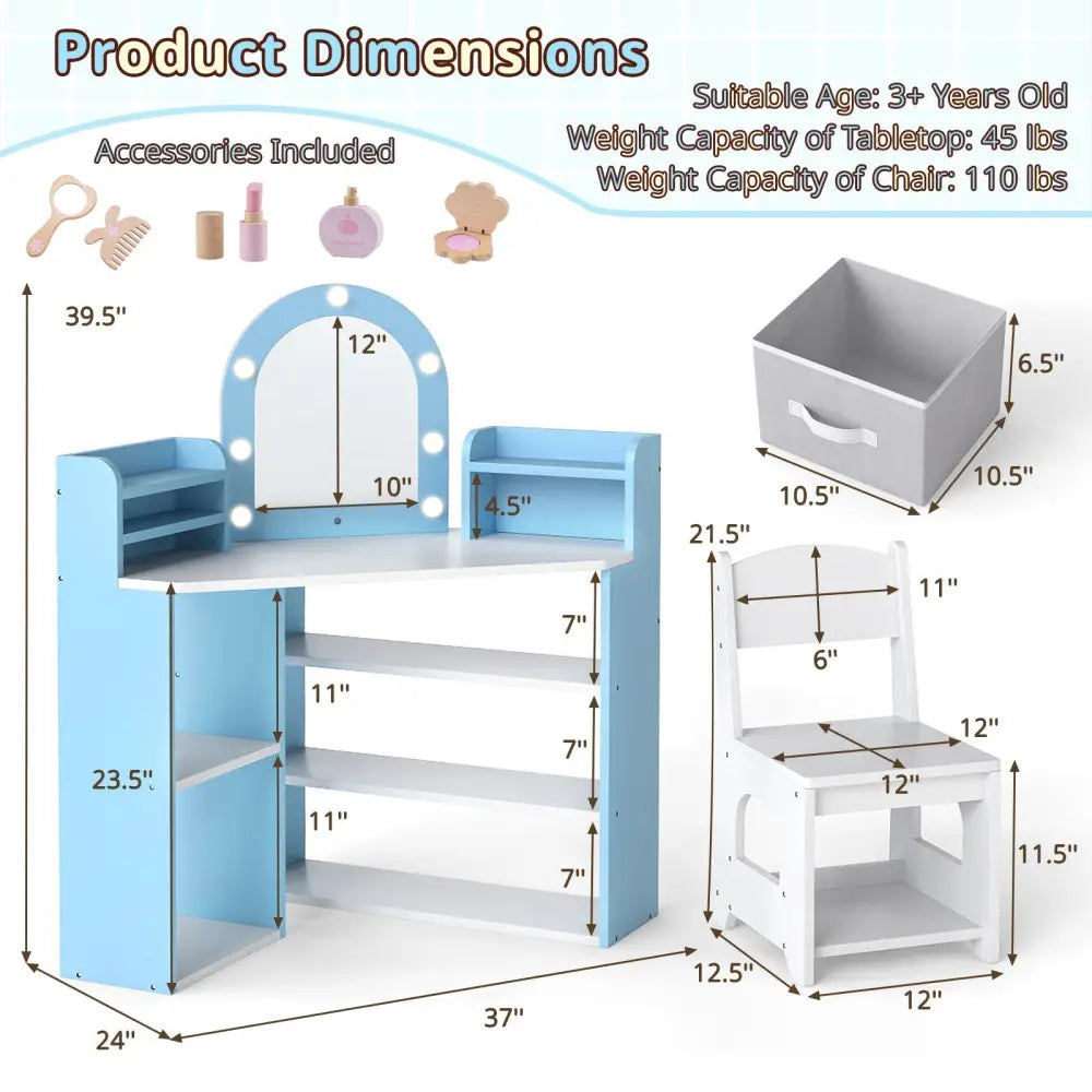 2-In-1 Kids Vanity Set with Lights for Toddlers 3+ Years Old-White - White - Kids Vanities