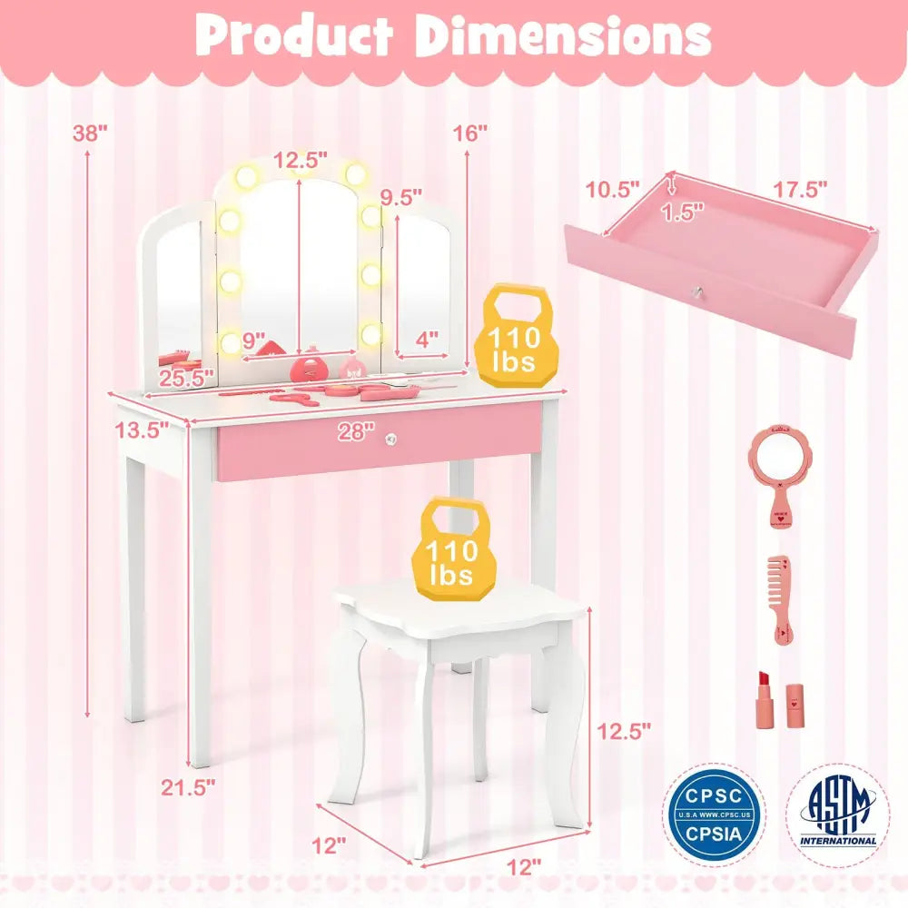 2-in-1 Kids Vanity Table Set with Tri-Folding Detachable Mirror and Lights-White - White - Kids Vanities