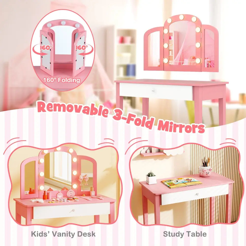 2-in-1 Kids Vanity Table Set with Tri-Folding Detachable Mirror and Lights-Pink - Pink - Kids Vanities