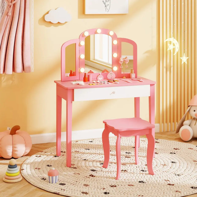 2-in-1 Kids Vanity Table Set with Tri-Folding Detachable Mirror and Lights-Pink - Pink - Kids Vanities