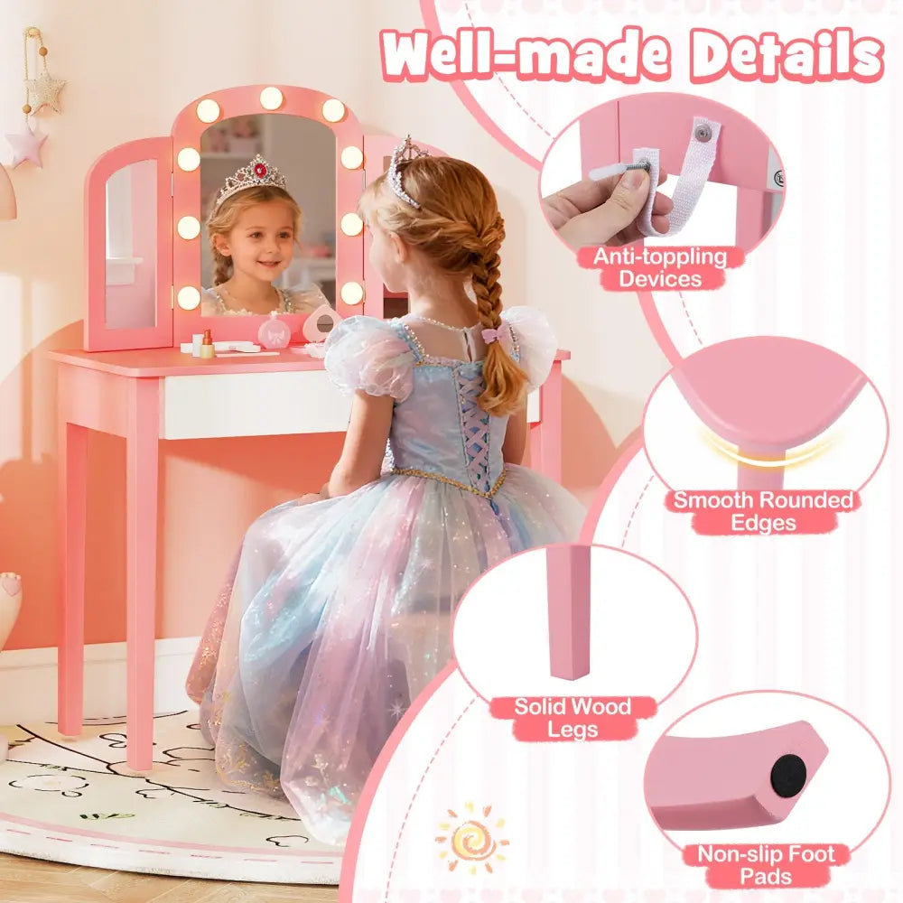 2-in-1 Kids Vanity Table Set with Tri-Folding Detachable Mirror and Lights-Pink - Pink - Kids Vanities