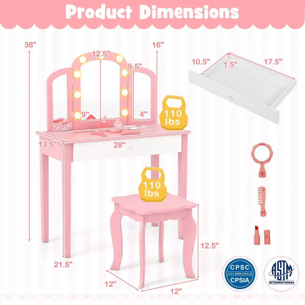 2-in-1 Kids Vanity Table Set with Tri-Folding Detachable Mirror and Lights-Pink - Pink - Kids Vanities