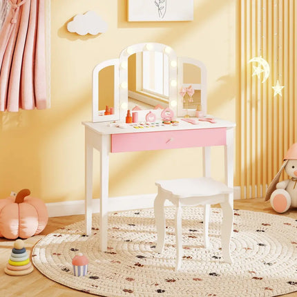2-in-1 Kids Vanity Table Set with Tri-Folding Detachable Mirror and Lights-White - White - Kids Vanities