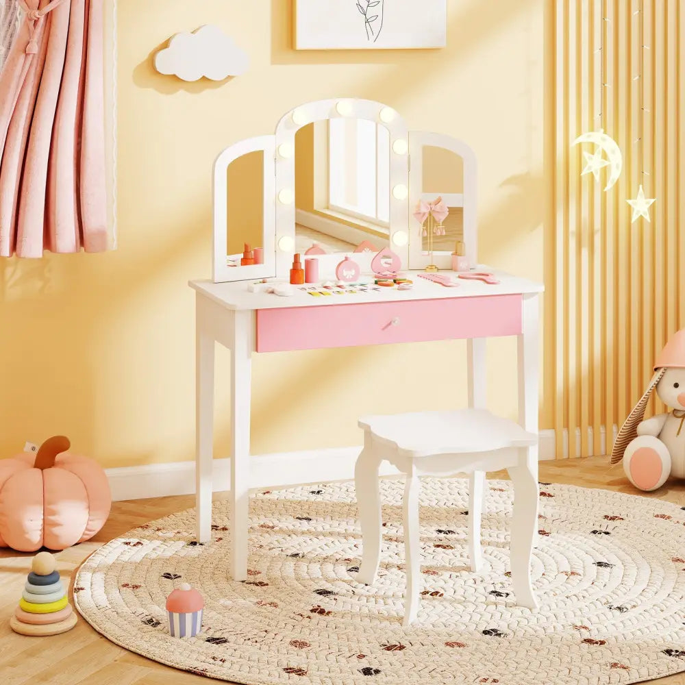 2-in-1 Kids Vanity Table Set with Tri-Folding Detachable Mirror and Lights-White - White - Kids Vanities