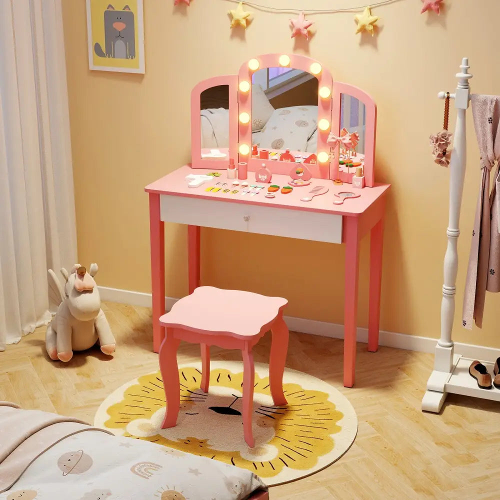 2-in-1 Kids Vanity Table Set with Tri-Folding Detachable Mirror and Lights-Pink - Pink - Kids Vanities
