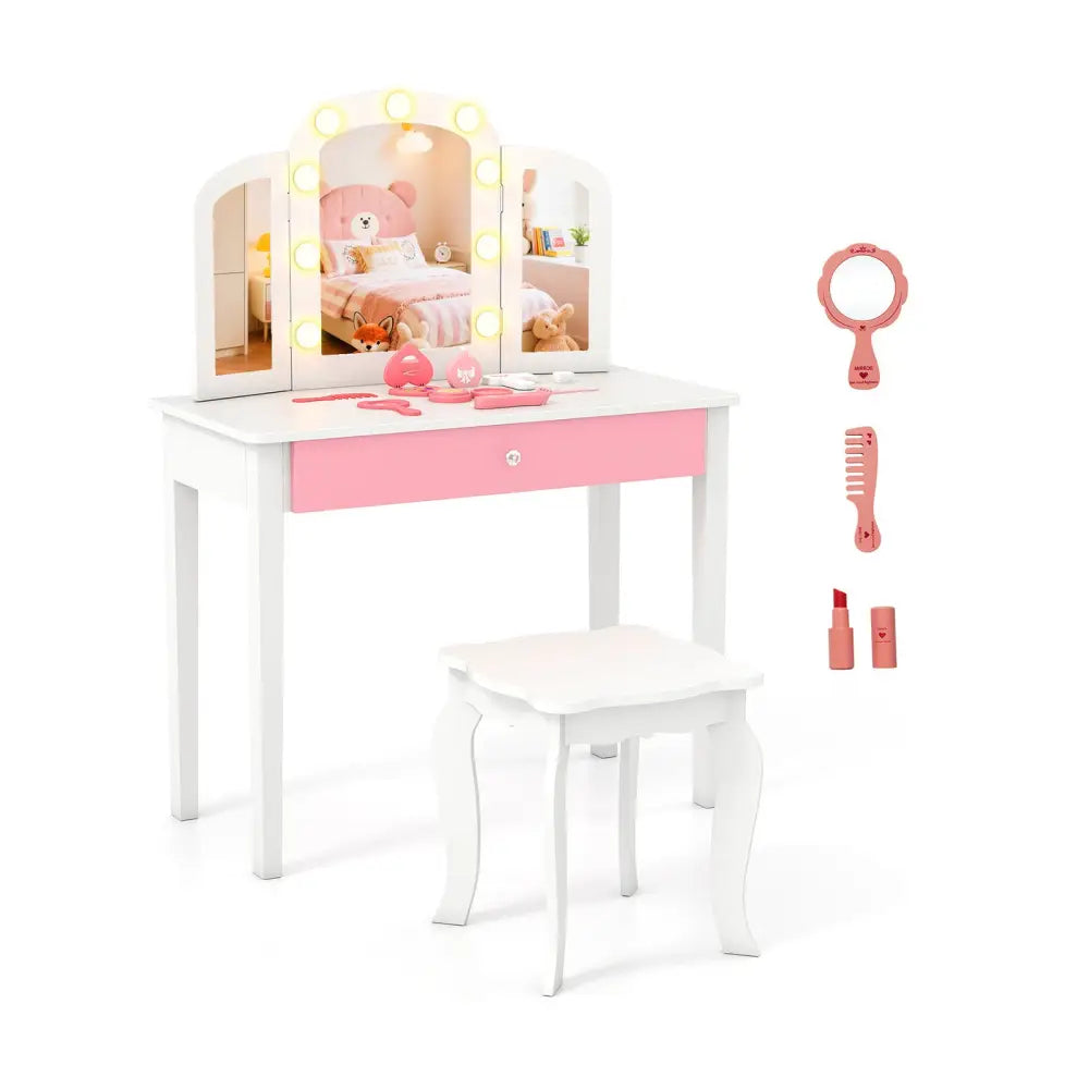 2-in-1 Kids Vanity Table Set with Tri-Folding Detachable Mirror and Lights-White - White - Kids Vanities