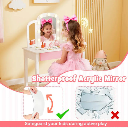 2-in-1 Kids Vanity Table Set with Tri-Folding Detachable Mirror and Lights-White - White - Kids Vanities