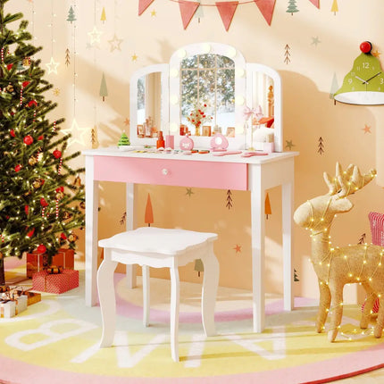 2-in-1 Kids Vanity Table Set with Tri-Folding Detachable Mirror and Lights-White - White - Kids Vanities
