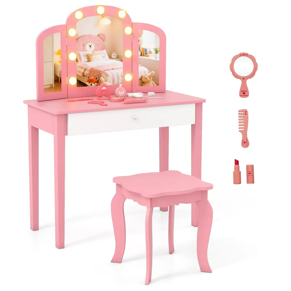 2-in-1 Kids Vanity Table Set with Tri-Folding Detachable Mirror and Lights-Pink - Pink - Kids Vanities