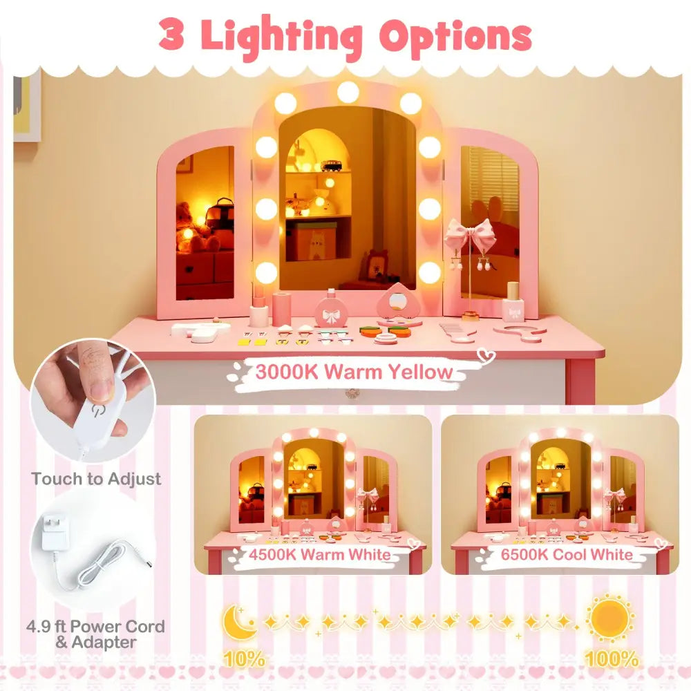 2-in-1 Kids Vanity Table Set with Tri-Folding Detachable Mirror and Lights-Pink - Pink - Kids Vanities
