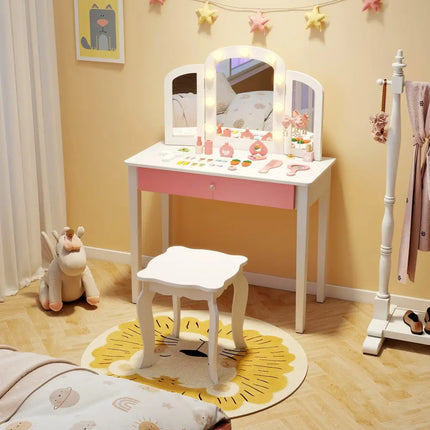 2-in-1 Kids Vanity Table Set with Tri-Folding Detachable Mirror and Lights-White - White - Kids Vanities