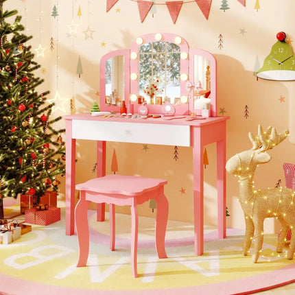 2-in-1 Kids Vanity Table Set with Tri-Folding Detachable Mirror and Lights-Pink - Pink - Kids Vanities