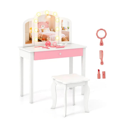 2-in-1 Kids Vanity Table Set with Tri-Folding Detachable Mirror and Lights-White - White - Kids Vanities