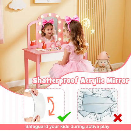 2-in-1 Kids Vanity Table Set with Tri-Folding Detachable Mirror and Lights-Pink - Pink - Kids Vanities