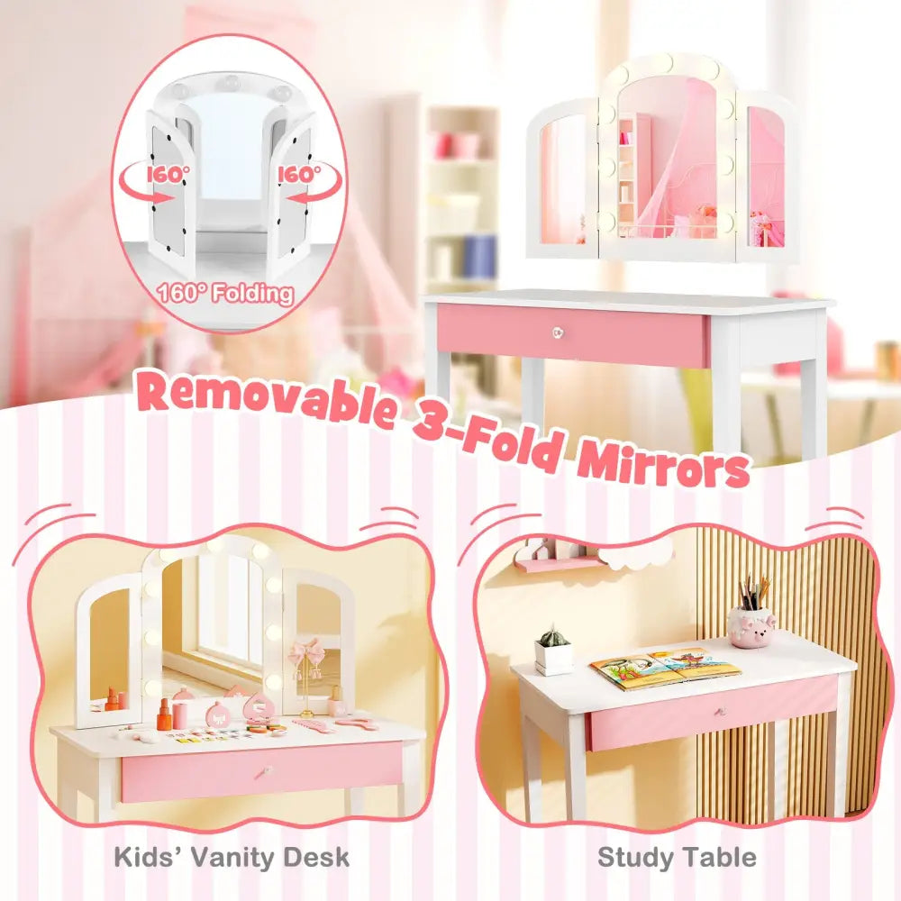 2-in-1 Kids Vanity Table Set with Tri-Folding Detachable Mirror and Lights-White - White - Kids Vanities