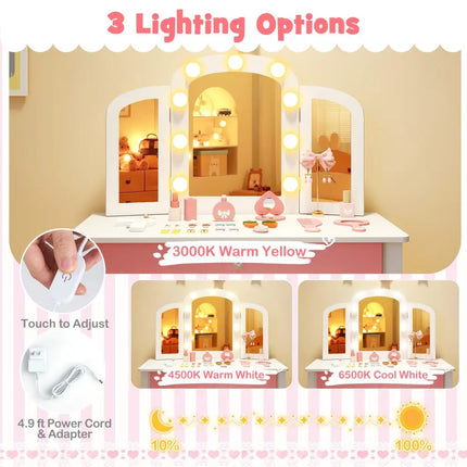 2-in-1 Kids Vanity Table Set with Tri-Folding Detachable Mirror and Lights-White - White - Kids Vanities