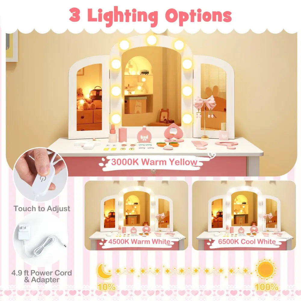 2-in-1 Kids Vanity Table Set with Tri-Folding Detachable Mirror and Lights-White - White - Kids Vanities