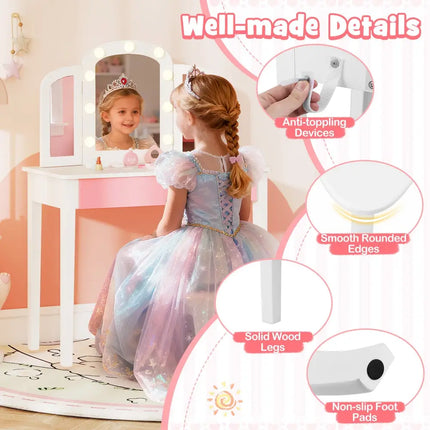 2-in-1 Kids Vanity Table Set with Tri-Folding Detachable Mirror and Lights-White - White - Kids Vanities